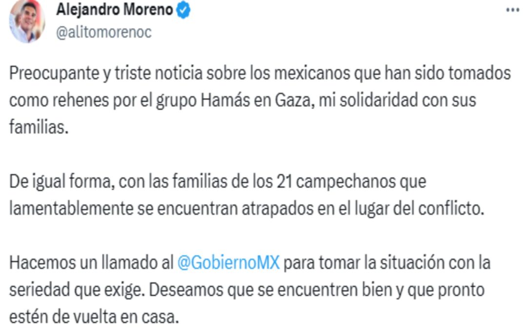 Urge Alejandro Moreno al gobierno a tomar con seriedad situación de mexicanos en Israel y Palestina