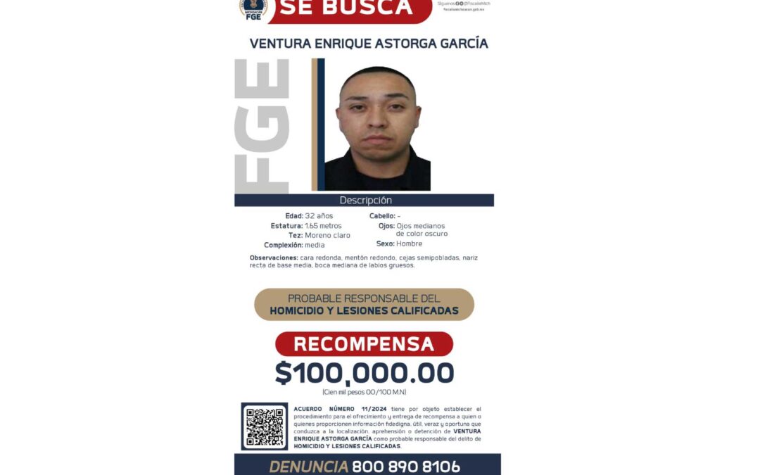 FGE ofrece recompensa para la detención de Ventura Enrique Astorga García, presunto responsable del homicidio de Saúl R.