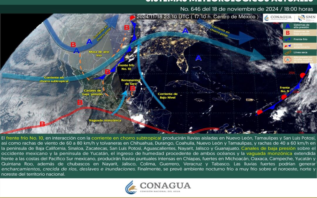 Pronóstico Meteorológico General Vespertino de hoy Lunes 18 de Noviembre de 2024