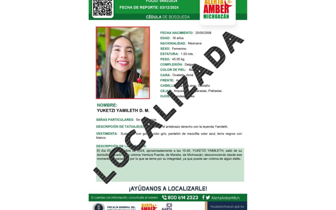 Localizan a Y.Y.D.M. y desactiva Fiscalía General de Michoacán la Alerta Amber en Morelia