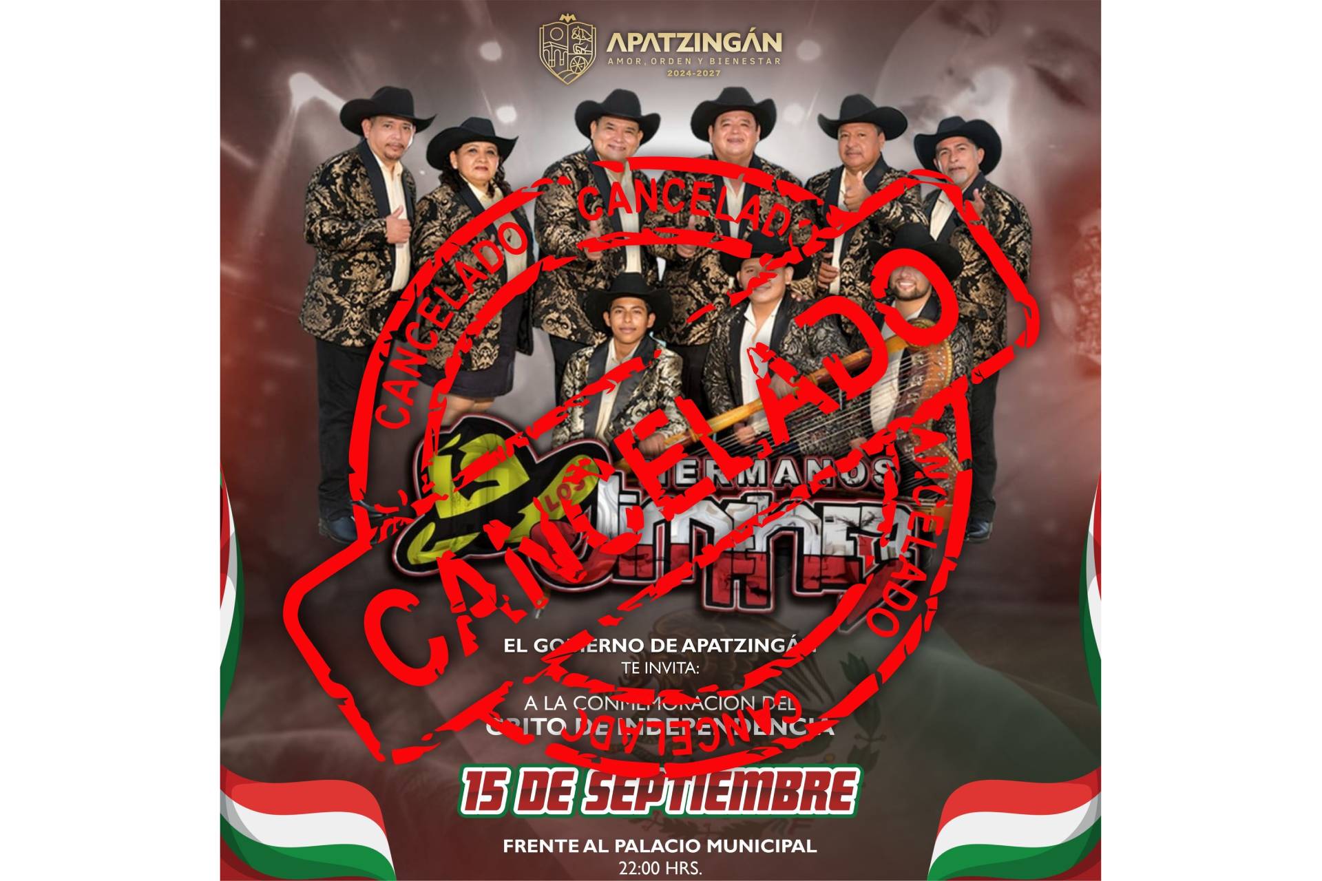 Gobierno de Apatzingán cancela presentación de «Los Hermanos Jiménez» programada para éste 15 de Septiembre.