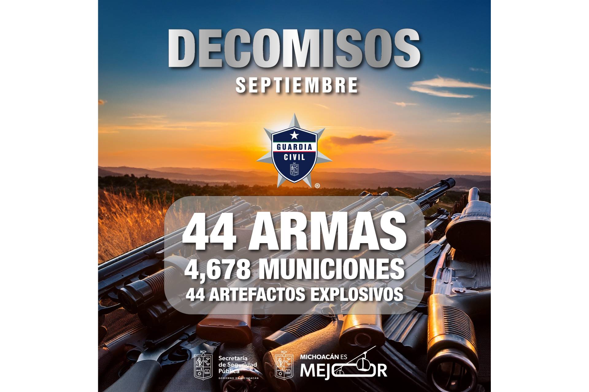 Decomisadas en septiembre 44 armas, 44 explosivos y más de 4 mil municiones: SSP