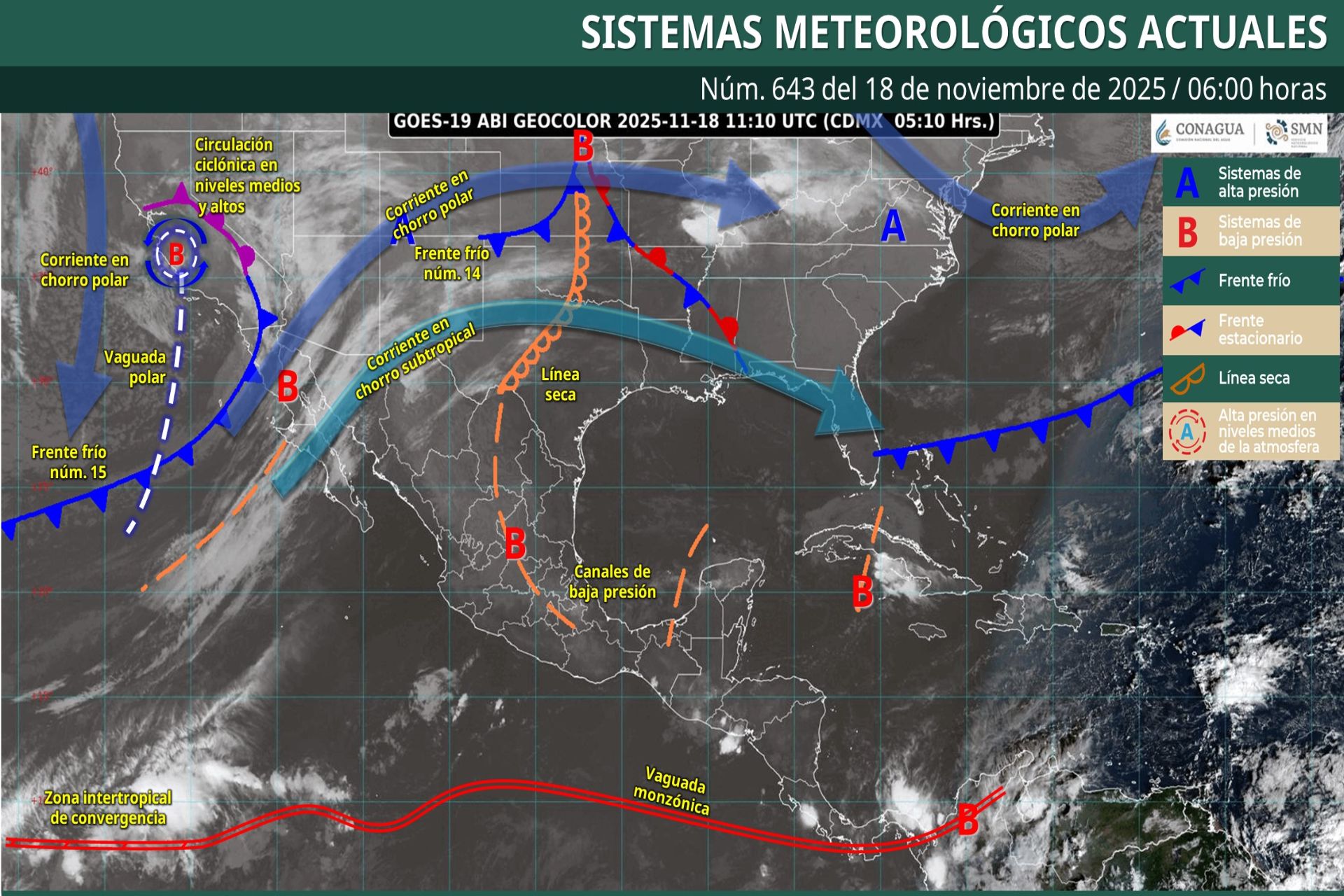 Pronóstico Meteorológico General Matutino de hoy Martes 18 de Noviembre de 2025.
