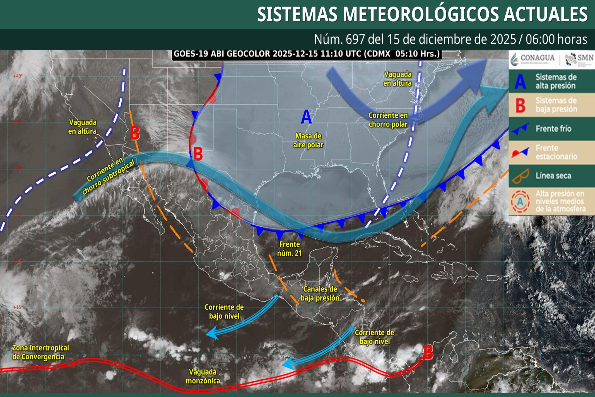 Pronóstico Meteorológico General Matutino de hoy Lunes 15 cde Diciembre de 2025.