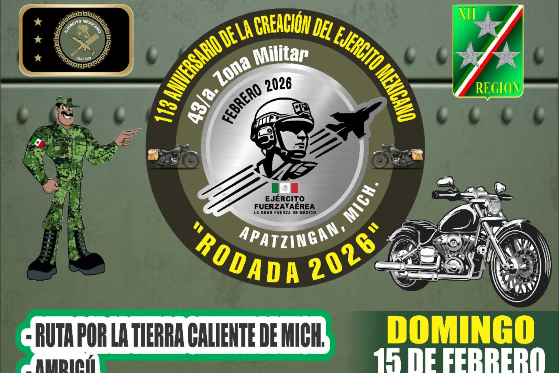 Con rodada motociclista, la 43 Zona Militar conmemorará el 113 aniversario del Ejército Mexicano