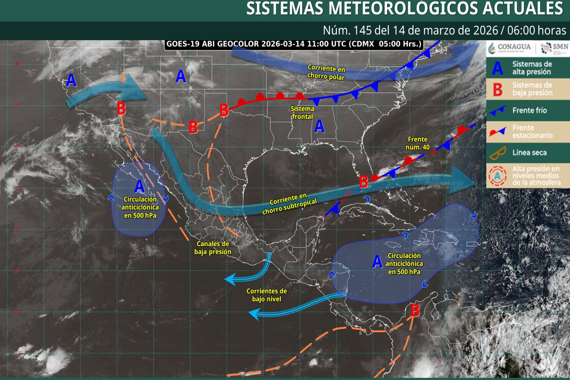 Pronóstico Meteorológico General Matutino de hoy Sábado 14 de Marzo de 2026.