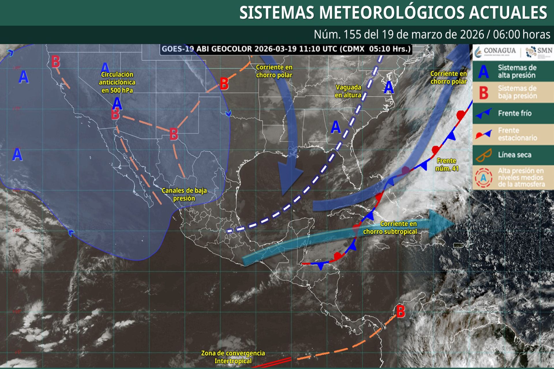 Pronóstico Meteorológico General Matutino de hoy Jueves 19 de Marzo de 2026.