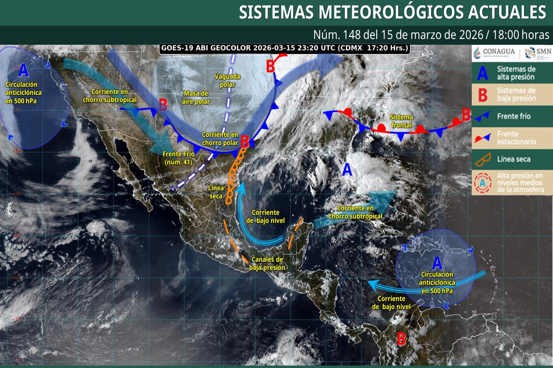 Pronóstico Meteorológico General Vespertino de hoy Domingo 15 de Marzo de 2026.